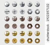 Realistic Detailed 3d Steel or Brass Heads Screws Set Top View. Vector illustration of Bolt Head