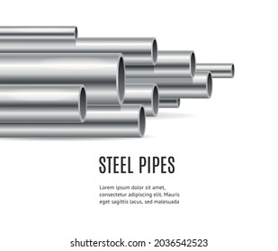 Realistic Detailed 3d Steel or Metal Pipes Production Business Banner Concept Ad Poster Card. Vector illustration of Iron Tubes