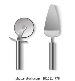 Realistic Detailed 3d Steel Pizza Cutter with Sharp Blade and Spatula Set for Restaurant or Pizzeria. Vector illustration