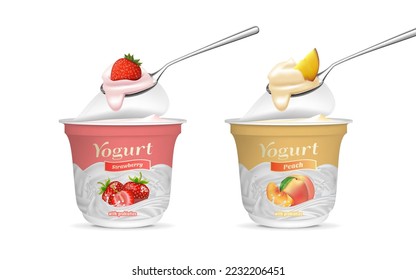Realistic Detailed 3d Strawberry and Peach Taste Yogurt Packaging Container with Spoon Set. Vector illustration of Yoghurt