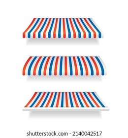 Realistic Detailed 3d Striped Awning Tent Set for Store, Cafe and Market Isolated on a White Background. Vector illustration