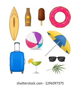 Realistic Detailed 3d Summer Holidays Symbols Set Include of Sunglasses, Umbrella, Suitcase, Drink, Ball and Cream. Vector illustration