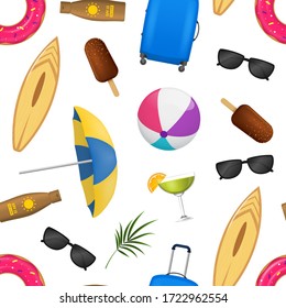 Realistic Detailed 3d Summer Holidays Concept Seamless Pattern Background on a White Include of Sunglasses, Umbrella, Suitcase, Drink, Ball and Cream. Vector illustration