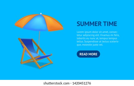 Realistic Detailed 3d Sun Bed Chair Card Relax on Beach Coast Summer Vacation or Resort Concept. Vector illustration