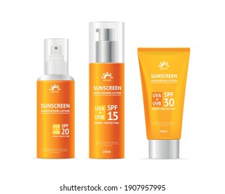 Realistic Detailed 3d Sunscreen Moisturizer Lotion Cream Set Isolated on a White Background. Vector illustration of Sunblock