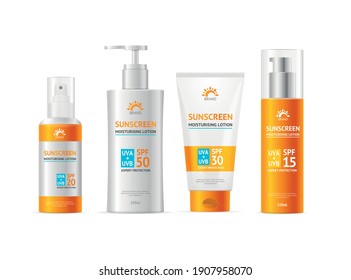 Realistic Detailed 3d Sunscreen Moisturizer Lotion Cream Different Types Bottle and Tube Shapes Set. Vector illustration - Shutterstock ID 1907958070