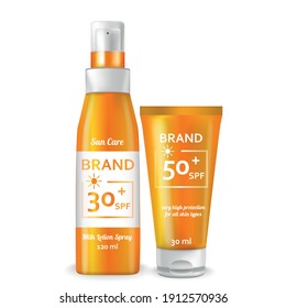 Realistic Detailed 3d Sunscreen Spray and Tube Set. Vector illustration of Cosmetic Product for Summer Protection