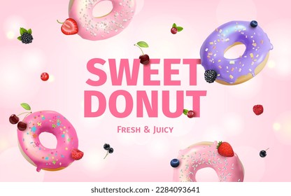 Realistic Detailed 3d Sweet Donut Fresh and Juicy Ads Banner Concept Poster Card. Vector illustration of Summer Delicious Dessert