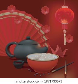Realistic Detailed 3d Sweet Dumplings Card Poster Banner with Teapot, Red Chinese Lantern, Chopsticks and Fan. Vector illustration