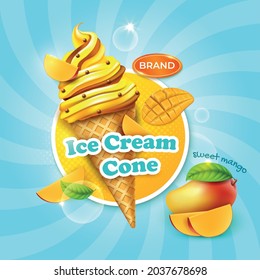 Realistic Detailed 3d Sweet Mango Ice Cream Cone Ads Banner Concept Poster Card. Vector illustration of Icecream