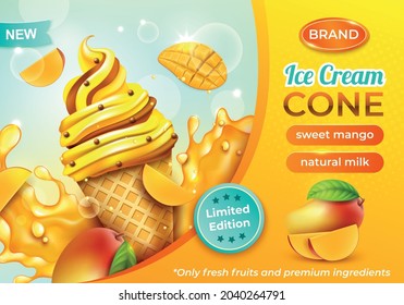 Realistic Detailed 3d Sweet Mango Ice Cream Cone Horizontal Ads Banner Concept Poster Card. Vector illustration of Icecream