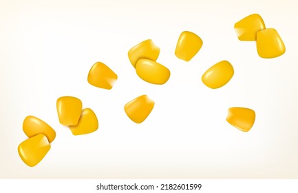 Realistic Detailed 3d Sweet Organic Corny Grains Flying Isolated on a White Background. Vector illustration of Maize Kernels