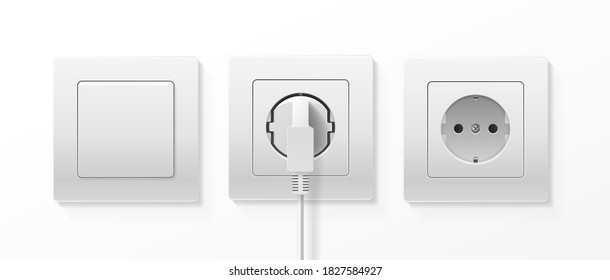Realistic Detailed 3d Switch and Plugs inserted in Electrical Outlet Set Isolated on a White Background. Vector illustration of Socket