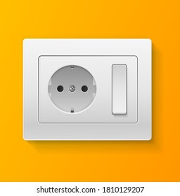 Realistic Detailed 3d Switch and Socket Set on a Yellow Background for Home or Hotel. Vector illustration