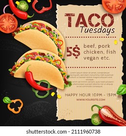 Realistic Detailed 3d Taco Mexican Food Thursdays Ads Banner Concept Poster Card Template. Vector illustration of Tacos