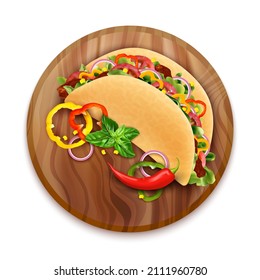 Realistic Detailed 3d Taco Mexican Food with Sliced Peppers on a Round Wooden Board Top View. Vector illustration