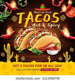 Realistic Detailed 3d Tacos Mexican Food Day Hot and Spicy Ads Banner Concept Poster Card. Vector illustration of Taco