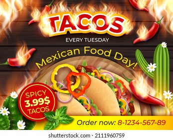 Realistic Detailed 3d Tacos Mexican Food Day Every Thursday Ads Banner Concept Poster Card. Vector illustration of Taco