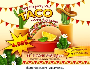 Realistic Detailed 3d Tacos Mexican Food Party Every Thursday Ads Banner Concept Poster Card. Vector Illustration Of Taco