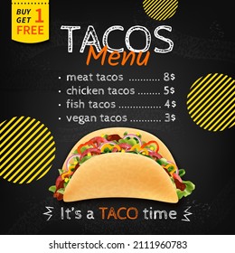 Realistic Detailed 3d Tacos Mexican Food Menu On A Black Banner Concept Poster Card. Vector Illustration Of Meat, Chicken, Fish And Vegan Taco