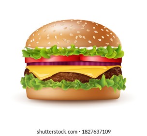 Realistic Detailed 3d Tasty Big Burger Include of Meat, Bread, Lettuce and Tomato. Vector illustration of Fastfood