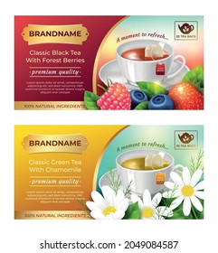 Realistic Detailed 3d Tea Packaging Design Set Tea with Forest Berries and Green with Camomile. Vector illustration
