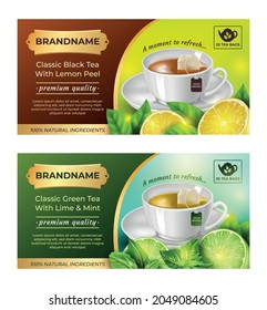 Realistic Detailed 3d Tea Packaging Design Set Black Tea with Lemon Peel and Classic Green Tea with Lime and Mint. Vector illustration