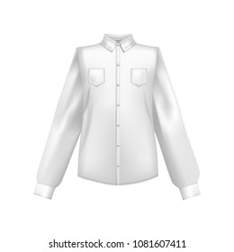 Realistic Detailed 3d Template Blank White Shirt Front Side. Vector illustration of Shirt with Collar and Long Sleeve