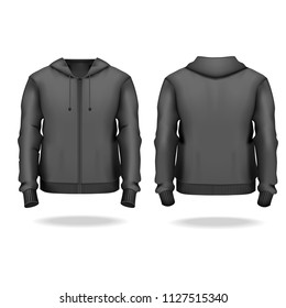 Realistic Detailed 3d Template Blank Black Male Zip Up Hoodie Mock Up Clothes Fashion For Man. Vector Illustration