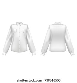 Realistic Detailed 3d Template Blank White Shirts Front and Back Sides. Vector illustration of Shirt with Collar and Long Sleeve