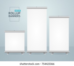 Realistic Detailed 3d Template Blank White Roll Up Banner Stand Mock Up Set Different Types for Design. Vector illustration