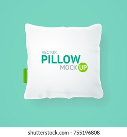 Realistic Detailed 3d Template Blank White Pillow Mock Up with Tag on Green Background Element of Home Interior and Hotel. Vector illustration