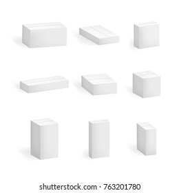 Cuadros de cartón blanco 3d detallados y realistas establecen varias formas de embalaje. Ilustración vectorial de la caja de maqueta vacía