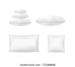 Realistic Detailed 3d Template Blank White Pillow Mock Up Set Pile, Square and Rectangle Shape . Vector illustration