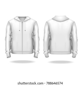 Realistic Detailed 3d Template Blank White Male Zip Up Hoodie Mock Up Clothes Fashion For Man. Vector Illustration