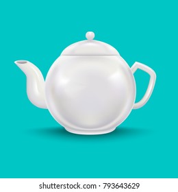 Realistic Detailed 3d Template Blank White Ceramic Teapot Mock Up on a Blue Background . Vector illustration of Teakettle