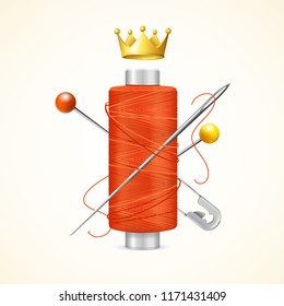 Realistic Detailed 3d Thread Concept with Needle and Pin for Embroidery and Needlework Business Design. Vector illustration