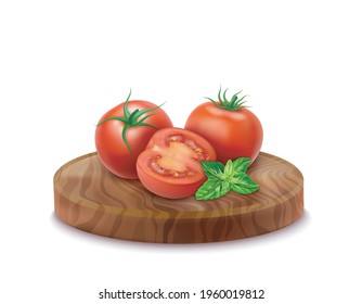 Realistic Detailed 3d Tomato and Basil Leaves for Salad on a Round Wooden Board. Vector illustration