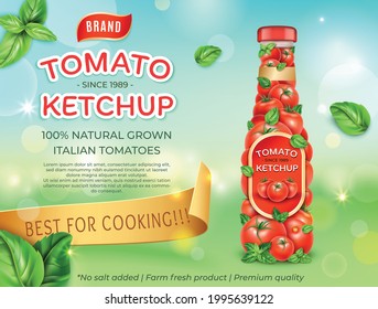 Realistic Detailed 3d Tomato Ketchup Italian Tomatoes with Basil Leaves Ads Banner Concept Poster Card. Vector illustration