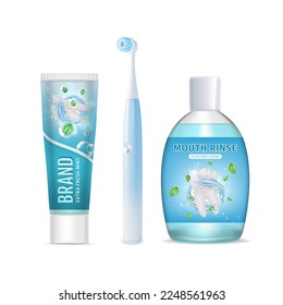 Realistic Detailed 3d Toothpaste Extra Fresh Mint, Electric Toothbrush and Mouthwash Bottle Set Isolated on a White Background. Vector illustration