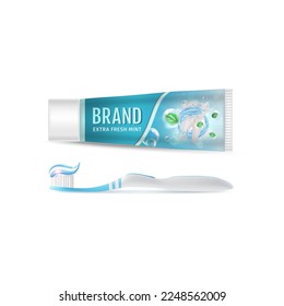Realistic Detailed 3d Toothpaste Extra Fresh Mint and Toothbrush Isolated on a White Background. Vector illustration of Morning Routine Equipment