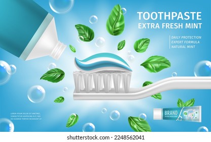 Realistische 3D Toothpaste Extra fresh Mint Ads Banner Wassertropfen und Mintleaves Zahngesundheit und Mundhygiene Concept Poster Card. Vektorgrafik