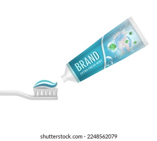 Realistic Detailed 3d Toothpaste Extra Fresh Mint on Toothbrush Isolated on a White Background. Vector illustration