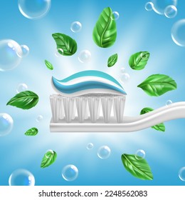 Realistic Detailed 3d Toothpaste Peppermint Flavor on Toothbrush with Green Mint Leaves and Bubbles. Vector illustration