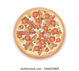 Realistic Detailed 3d Top View of Delicious Pizza with Becon Fast Food for Italian Restaurant or Pizzeria Design. Vector illustration