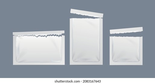 Realistic Detailed 3d Torn White Paper Sachet Packets Set for Dry Product. Vector illustration of Open Packs