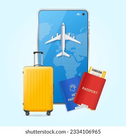 Realistic Detailed 3d Travel Case, Mobile Phone with App, Pet Passport and Ticket Set. Vector illustration of Tourism Concept