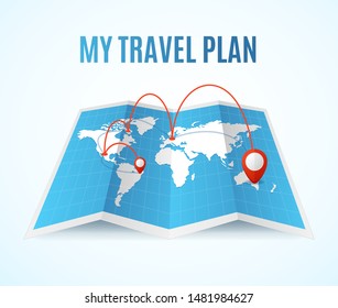 Realistic Detailed 3d Travel Plan Map Concept on a White Background for Navigation. Vector illustration
