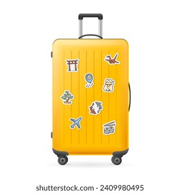 Realistic Detailed 3d Travel Suitcase with Japanese Stickers and Wheels Isolated on a White Background. Vector illustration