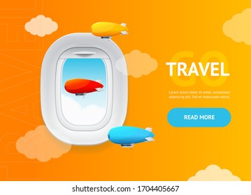 Realistic Detailed 3d Travel and Tourism Banner Card Horizontal with Airplane Window and Dirigible. Vector illustration